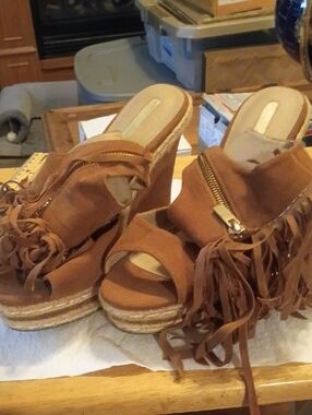 mark. Tan Fringe Suede Wedge Sandals